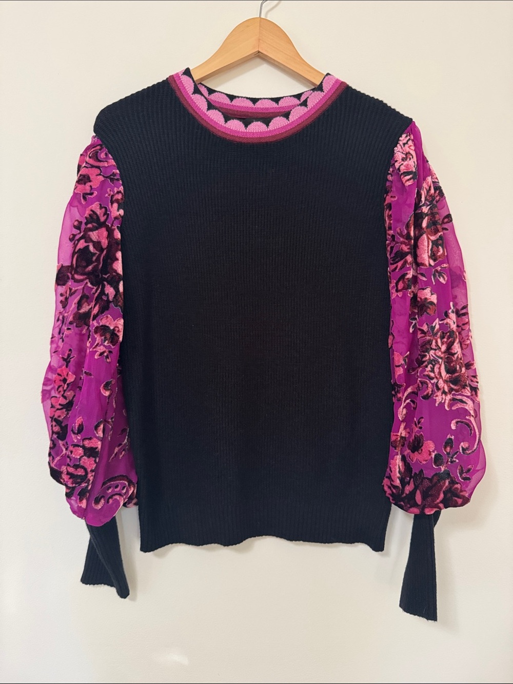 Fate Black Sweater with Vivid Pink Floral Puff Sleeves